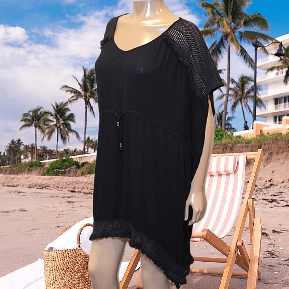 💠 NEW Holiday By F&F Kaftan Dress Fringe Crochet Drawstring Swim Cover Up Black